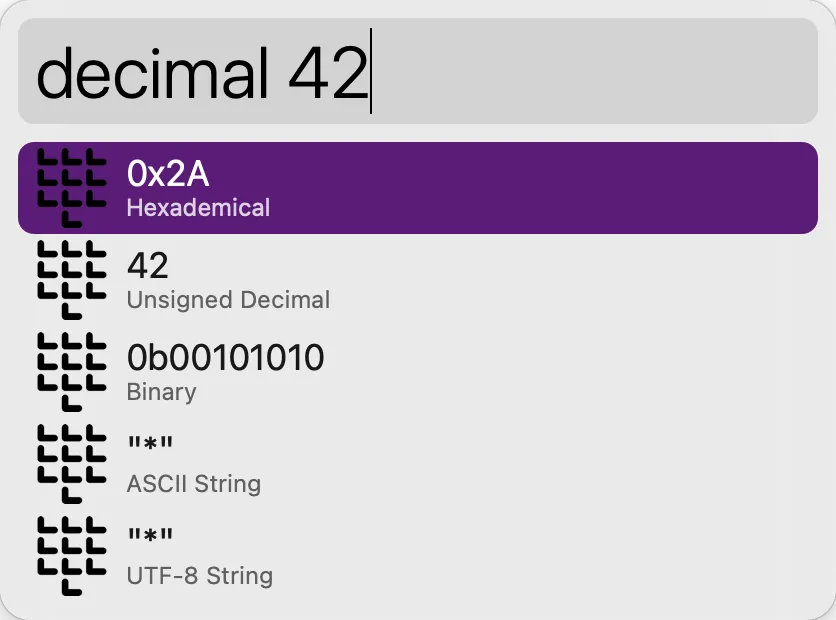 An Alfred.app window with query 'decimal 42'. There are six results: 0x2A Hexidecimal, 42 Unsigned Integer, 0b00101010 Binary. '*' ASCII String, '*' UTF-8 String.
